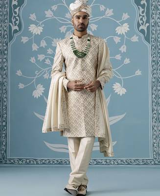Beige floral cotton sherwani 1