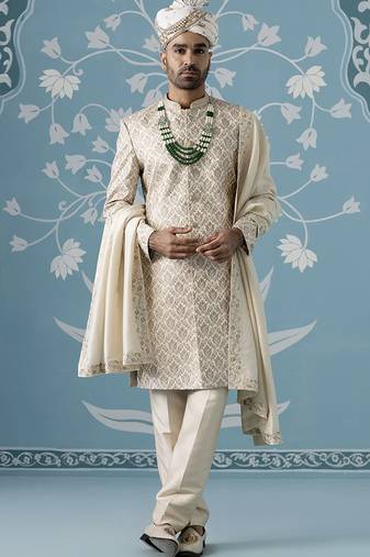 Beige floral cotton sherwani