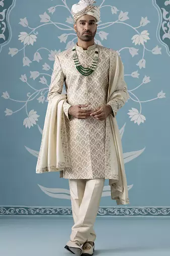 Beige floral cotton sherwani