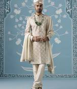 Beige floral cotton sherwani