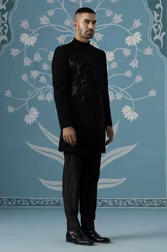 Black embroidered jacquard sherwani