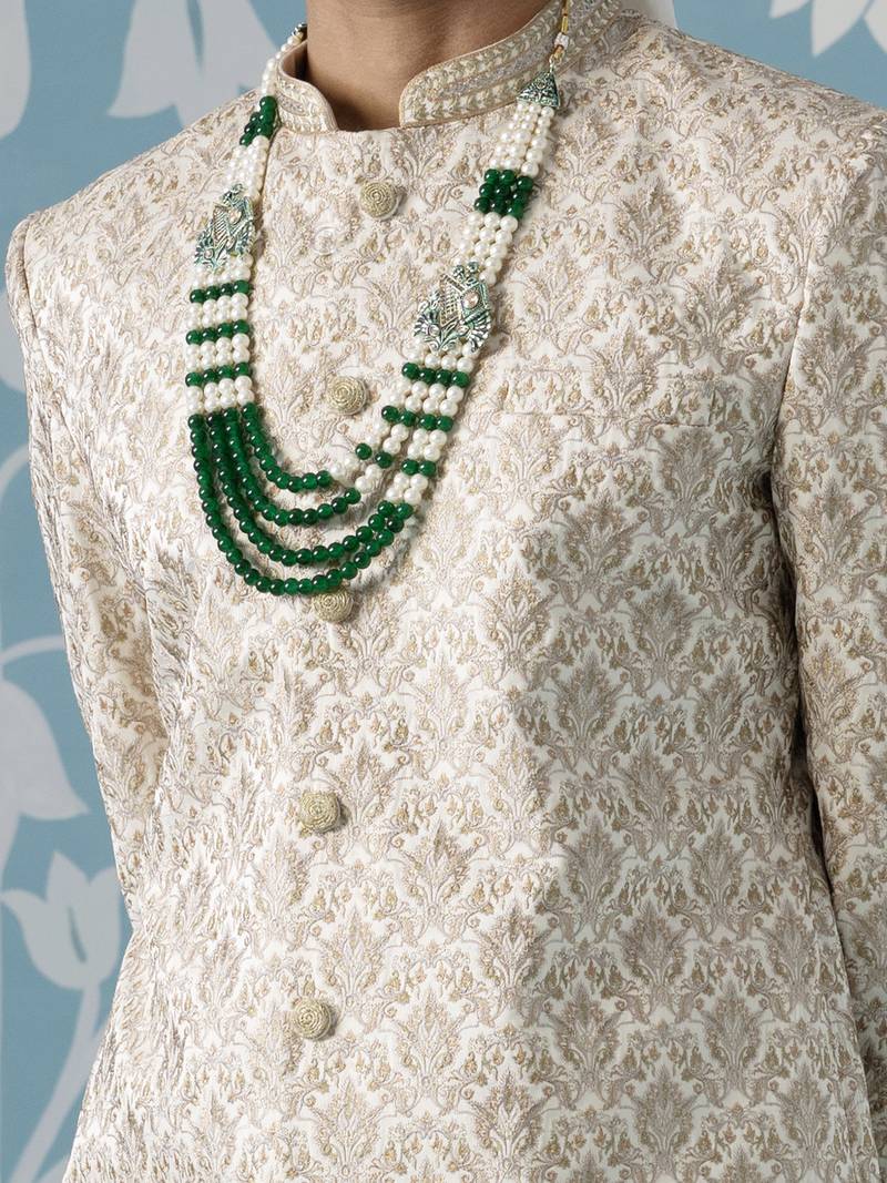 Beige floral cotton sherwani