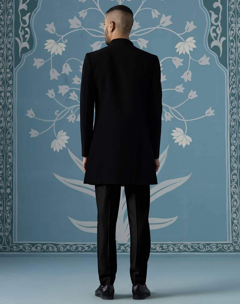 Black embroidered jacquard sherwani