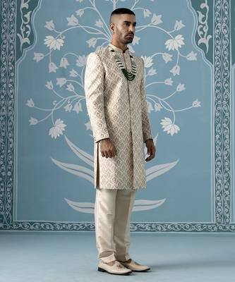 Beige floral cotton sherwani 3
