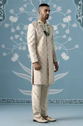 Beige floral cotton sherwani