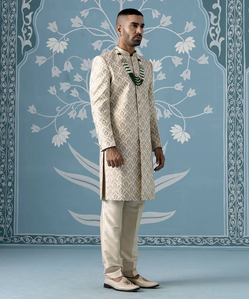 Beige floral cotton sherwani
