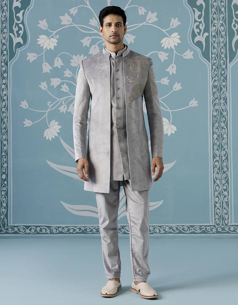 Grey embroidered velvet indo western