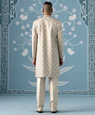 Beige floral cotton sherwani 4