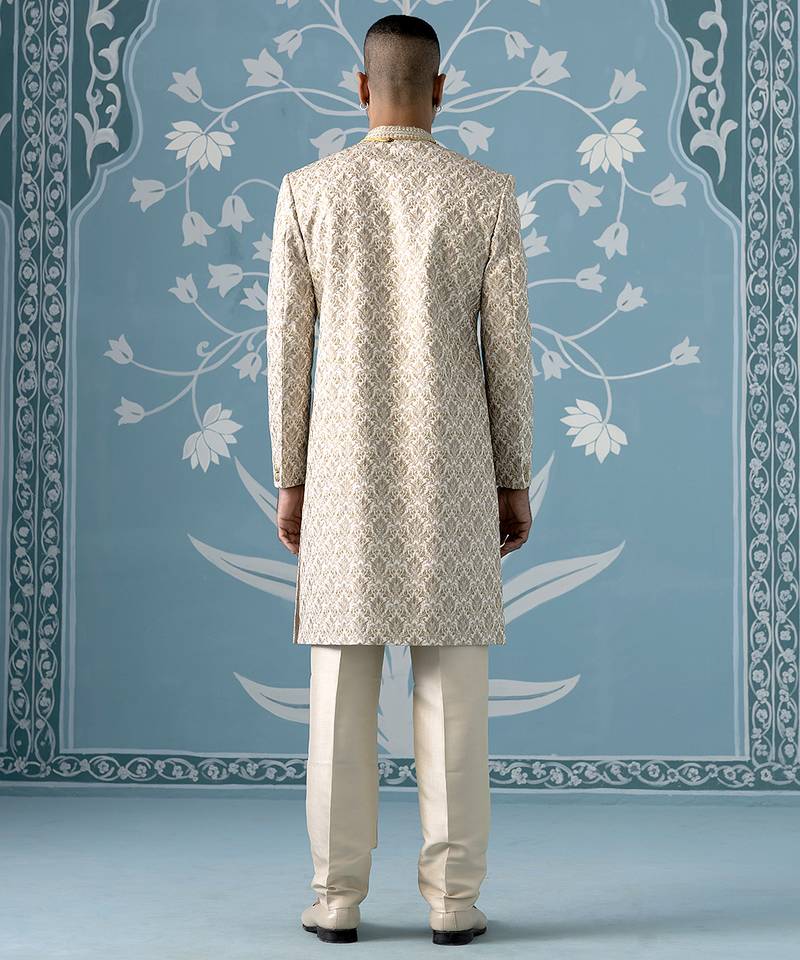 Beige floral cotton sherwani