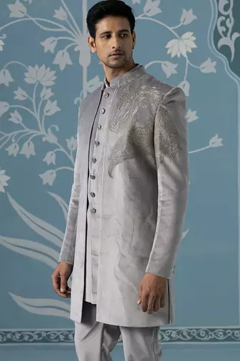 Grey embroidered velvet indo western