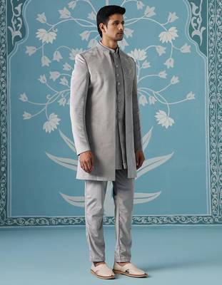 Grey embroidered velvet indo western 3
