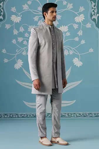Grey embroidered velvet indo western