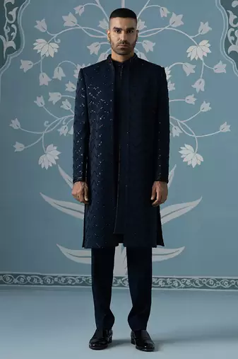 Blue embellished cotton indo western