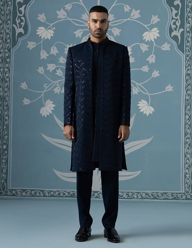 Blue embellished cotton indo western