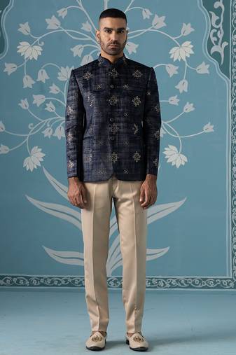 Black and grey self-textured bandhgala set