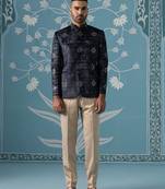 Black and grey self-textured bandhgala set