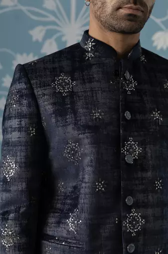 Black and grey self-textured bandhgala set
