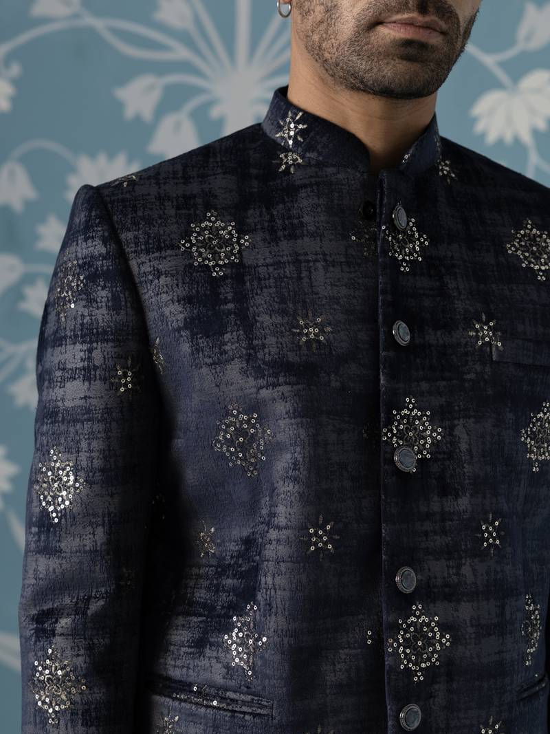 Black and grey self-textured bandhgala set