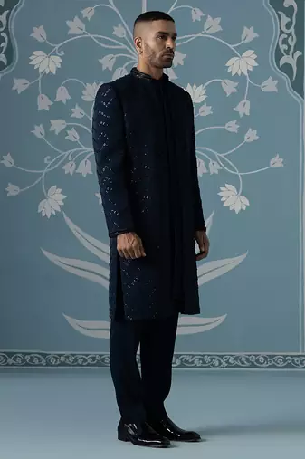 Blue embellished cotton indo western