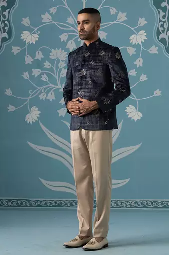 Black and grey self-textured bandhgala set