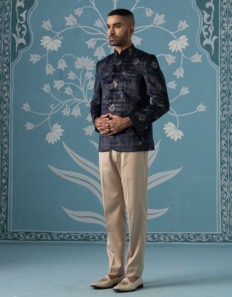 Black and grey self-textured bandhgala set