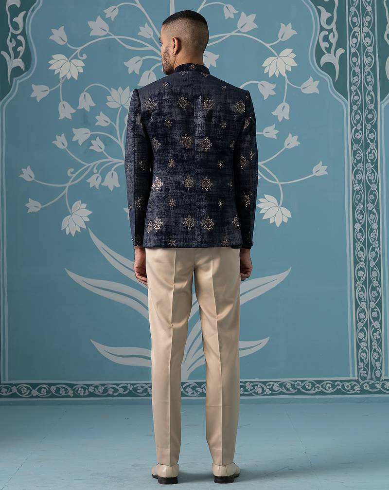 Black and grey self-textured bandhgala set