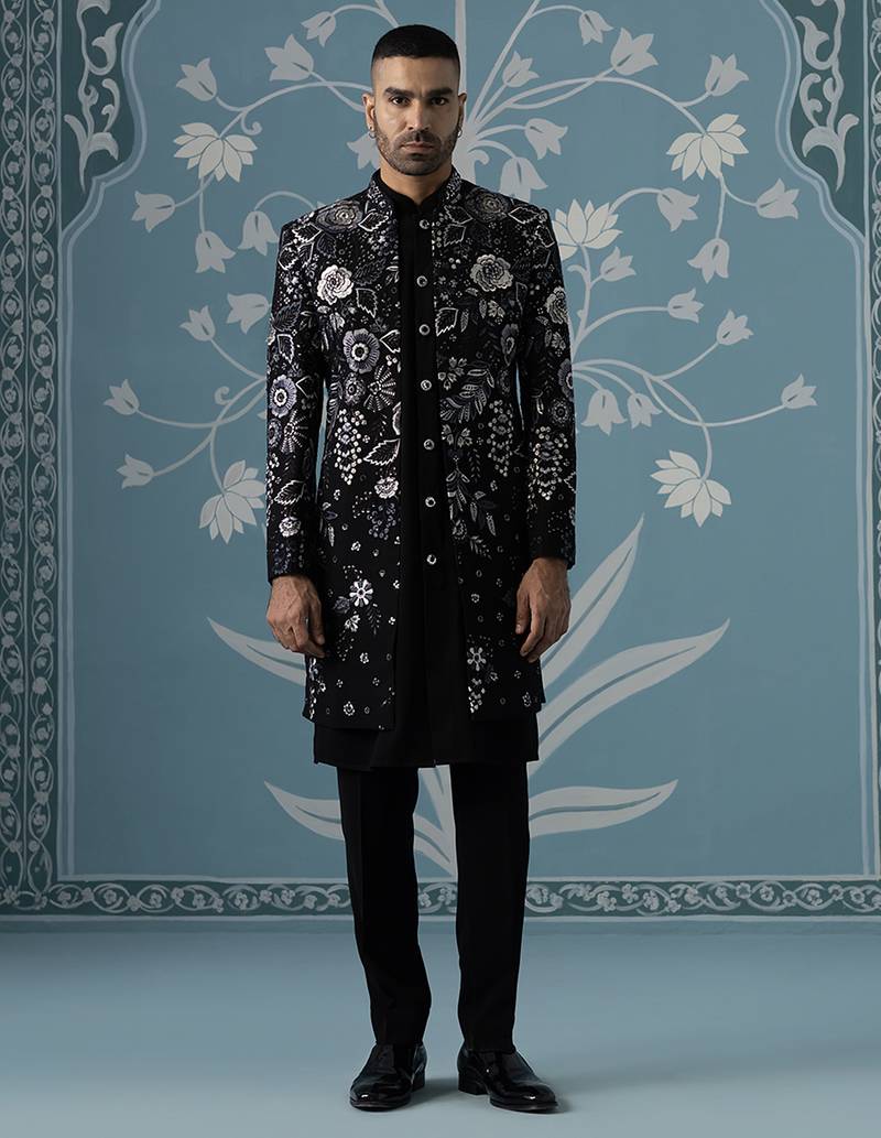 Black embroidered polyester indo western