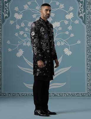 Black embroidered polyester indo western 3