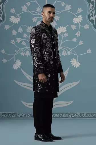 Black embroidered polyester indo western