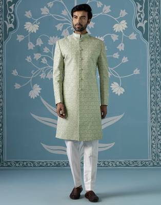 Green embroidered jacquard sherwani 1