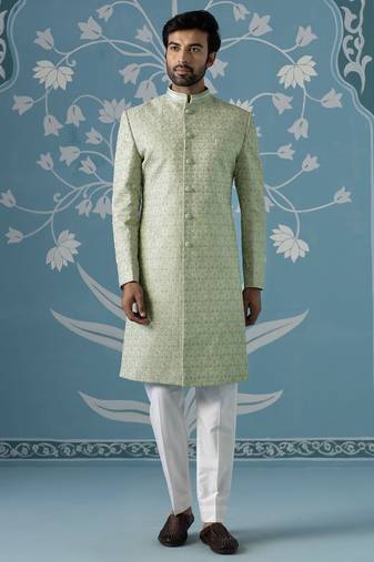 Green embroidered jacquard sherwani