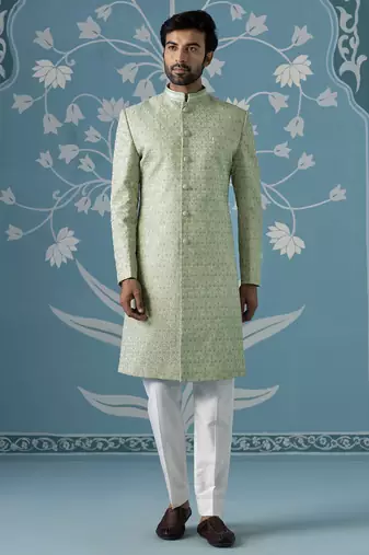 Green embroidered jacquard sherwani