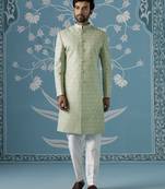 Green embroidered jacquard sherwani