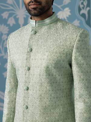 Green embroidered jacquard sherwani 2