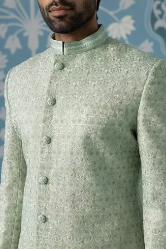 Green embroidered jacquard sherwani