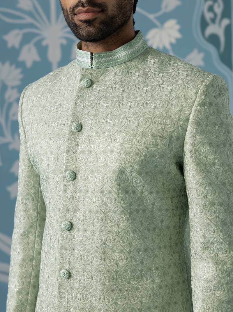 Green embroidered jacquard sherwani