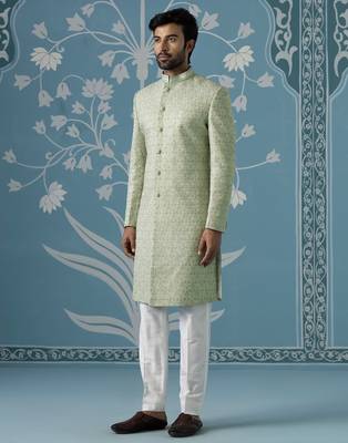 Green embroidered jacquard sherwani 3