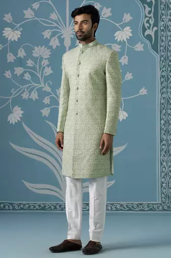 Green embroidered jacquard sherwani