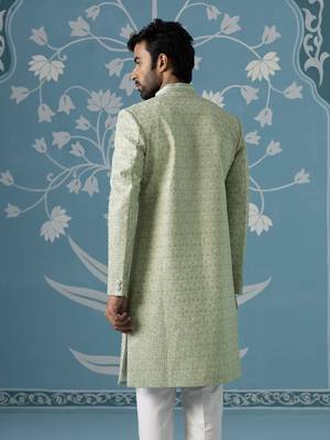 Green embroidered jacquard sherwani 4