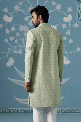 Green embroidered jacquard sherwani
