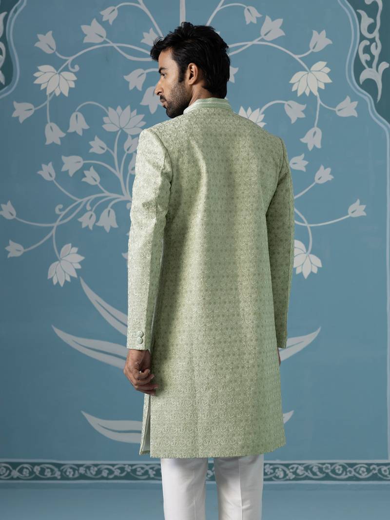 Green embroidered jacquard sherwani