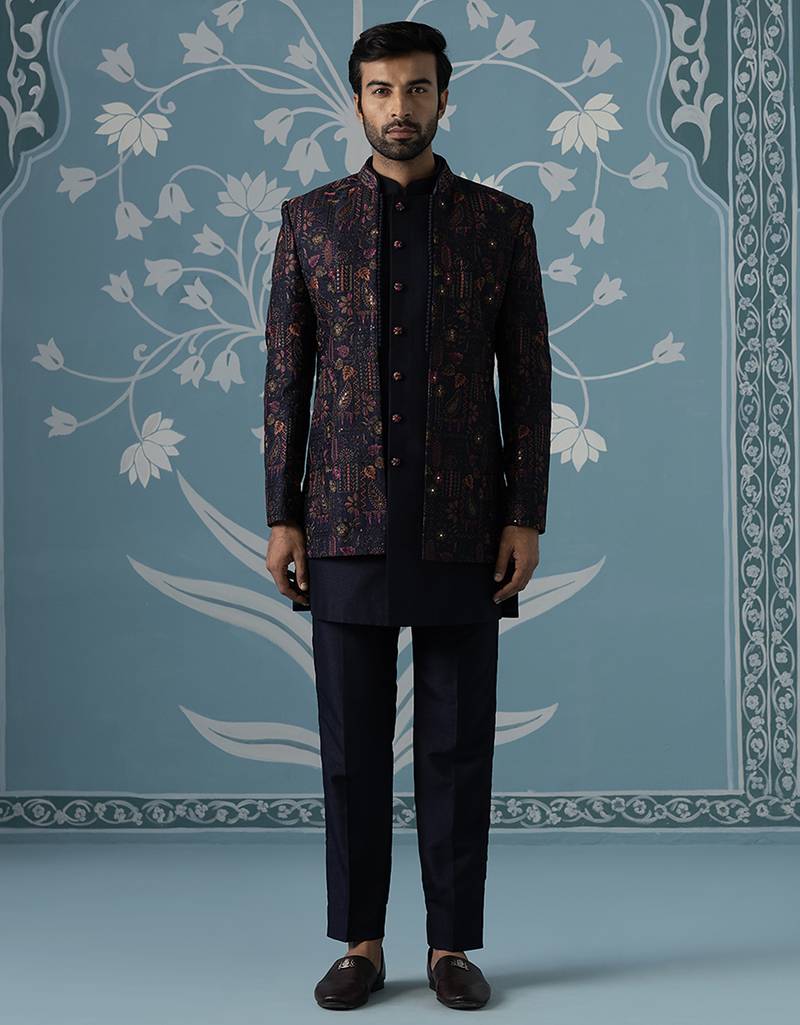 Blue embroidered polycotton indo western