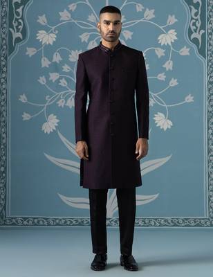 Wine embroidered jacquard sherwani 1