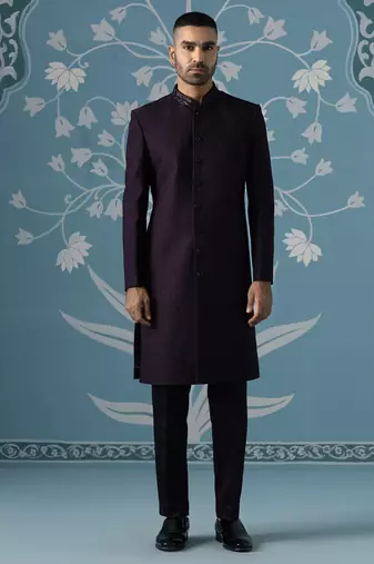 Wine embroidered jacquard sherwani