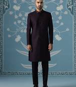 Wine embroidered jacquard sherwani