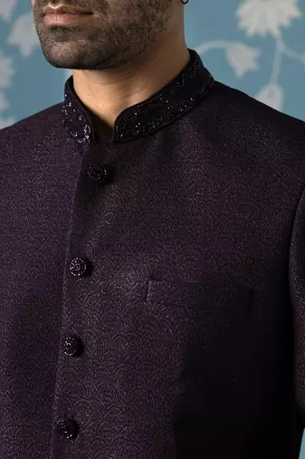 Wine embroidered jacquard sherwani