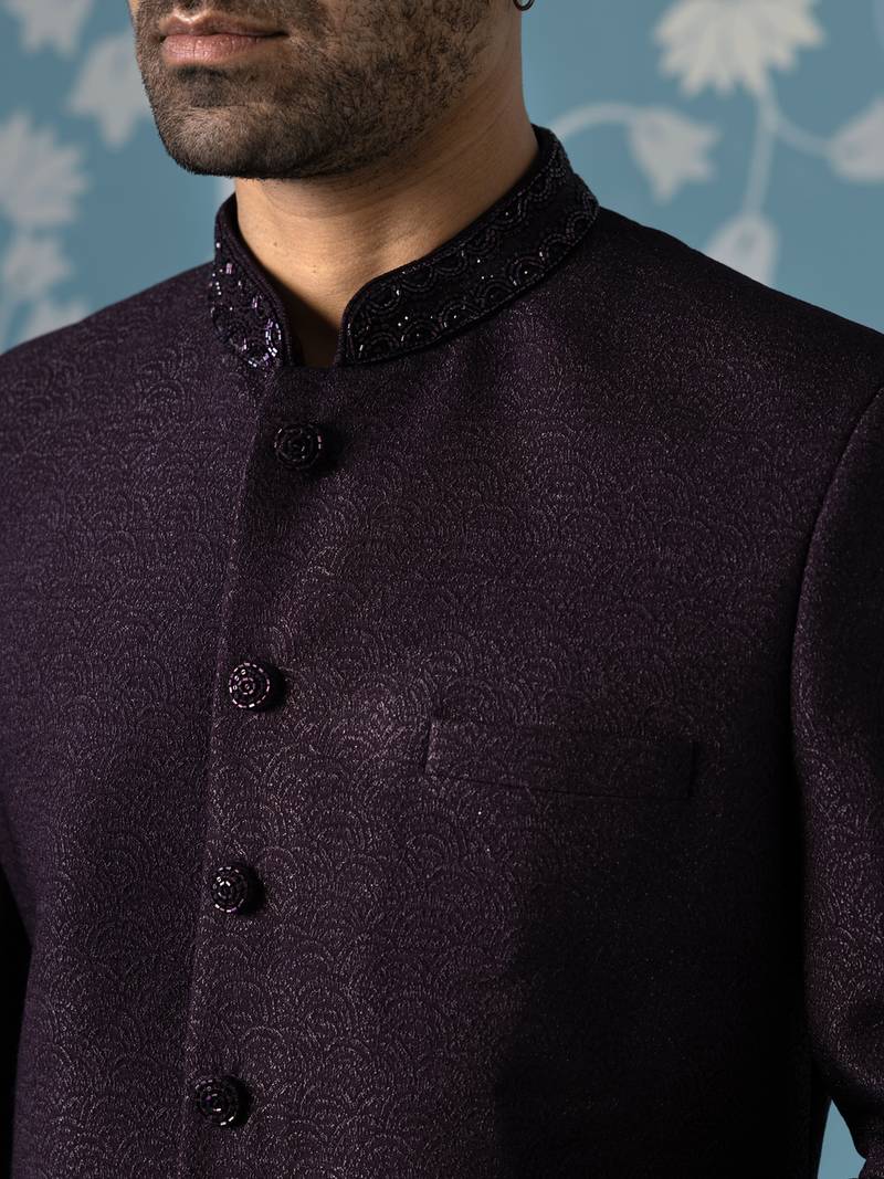 Wine embroidered jacquard sherwani