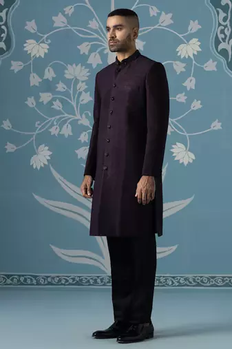 Wine embroidered jacquard sherwani