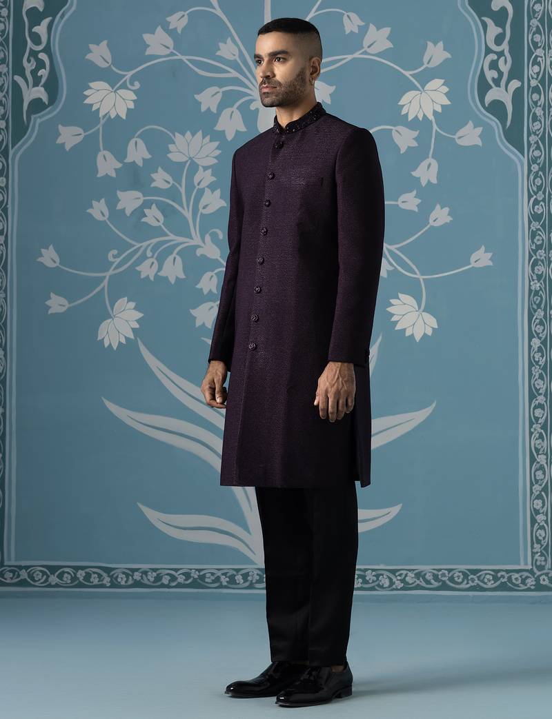 Wine embroidered jacquard sherwani