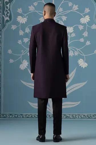 Wine embroidered jacquard sherwani